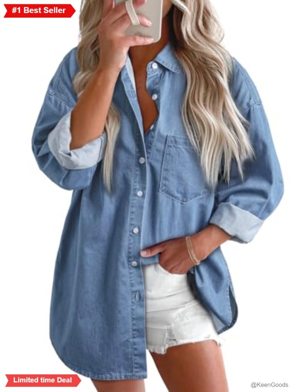 Astylish Women's Cotton Denim Button Down Long Sleeve Shirt